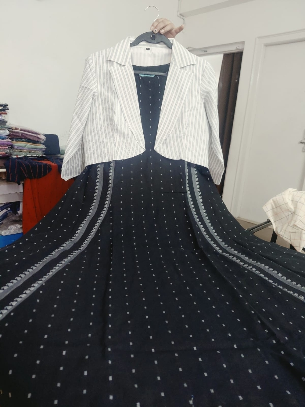 Ready To Ship Jamdani Black Printed Maxi Dress with Striped Overcoat